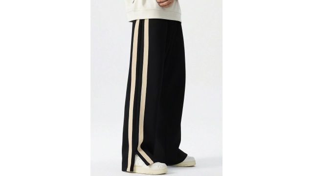 Maniac Men Relaxed Fit Mid‑Rise Track Pant (Black/Beige, Side Stripe)