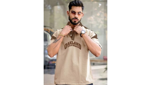 Maniac Men Solid Polo Collar Oversized T‑Shirt (Brown, Longline)