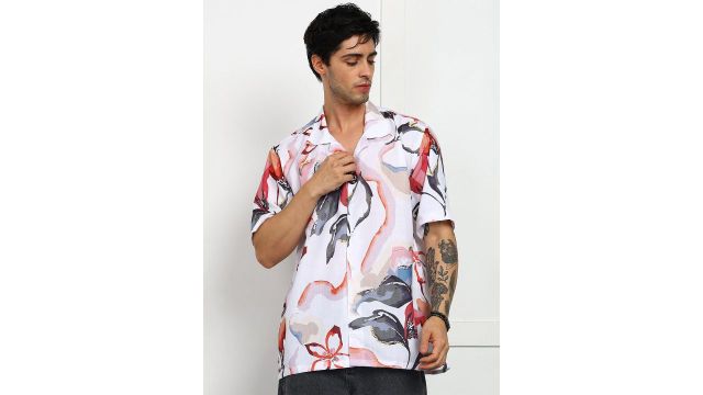 Mast & Harbour Abstract Printed Cuban Shirt (White/Black/Pink)