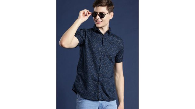 Mast & Harbour Printed Pure Cotton Casual Shirt (Navy, Short Sleeve)