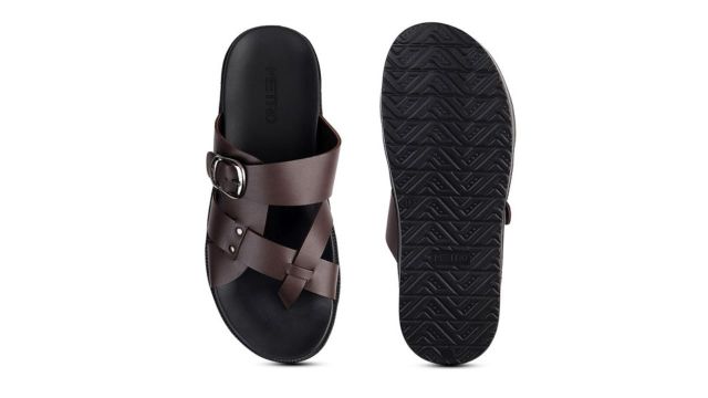 Metro Men Brown & Black Solid Leather Comfort Sandals