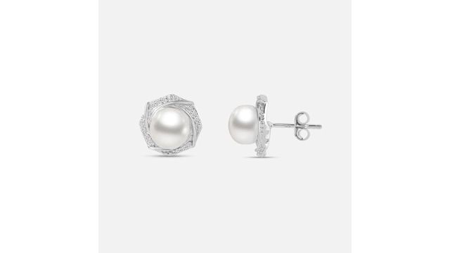 Mia by Tanishq Hexagonal Pearl Silver Stud Earrings