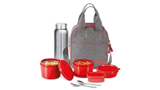 Milton Savor Lunch Tiffin (3 Microwave Safe Inner Steel Containers) with Insulated Fabric Jacket, Red
