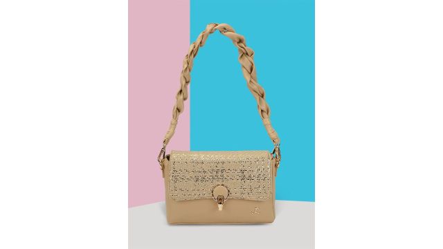 Mochi Textured Structured Embellished Shoulder Bag (Beige)