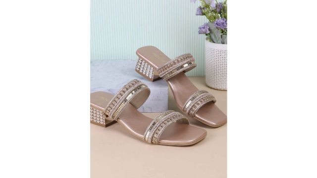 Mochi Women Textured Embellished Block Mules (Rose Gold)