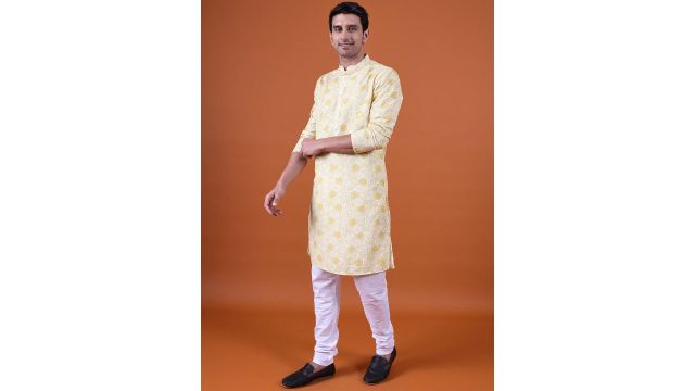NAMASKAR Printed Pure Cotton Kurta with Churidar (Yellow)