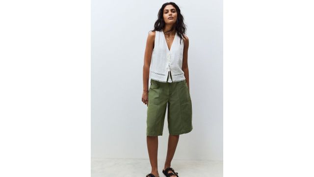 NEXT Women Pure Cotton Jorts (Green, Mid‑Rise)