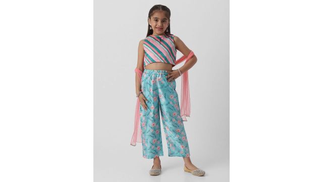 Nauti Nati Girls Floral Striped Gotta Patti Sleeveless Top With Trousers & Dupatta