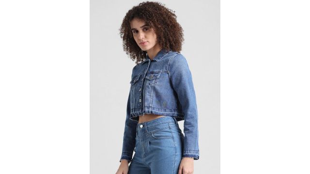 ONLY Spread Collar Washed Pure Cotton Crop Denim Jacket