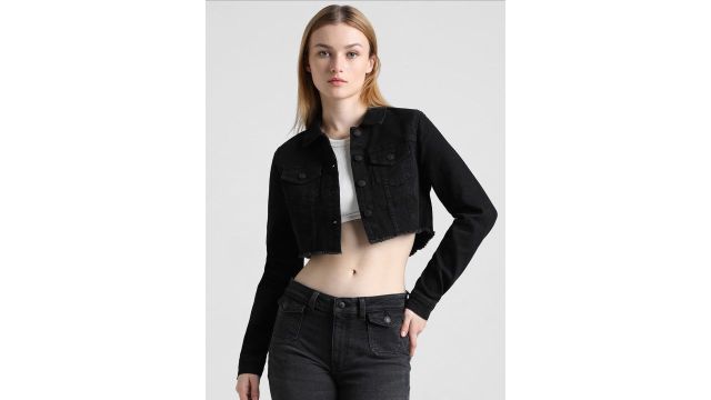 ONLY Women Black Solid Cropped Denim Jacket