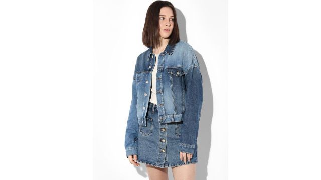 ONLY Women Spread Collar Washed Self Design Cotton Casual Denim Jacket