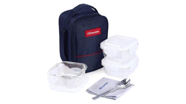 Oliveware Microwave Safe Glassware Lunch Box 3 Containers Lunch Box