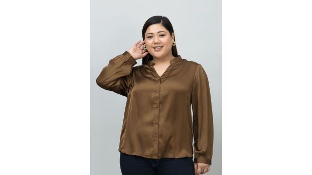 PURYS PLUS Satin Formal Shirt (Coffee Brown, Band Collar)
