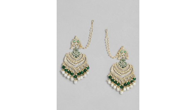 Peora Green & Gold-Plated Teardrop Shaped Drop Earrings