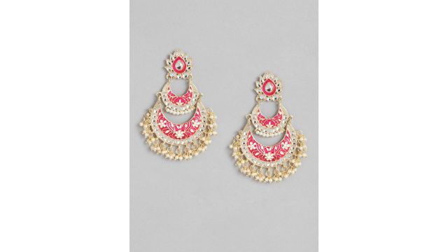 Peora Pink & Gold-Toned Enamel Meenakari Traditional Chandbali Earrings