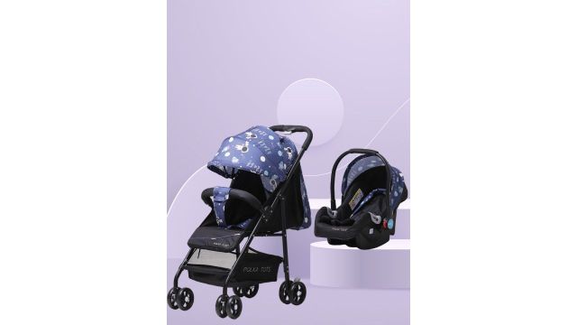 Polka Tots Kids Printed Stroller With Car Seat (Blue)