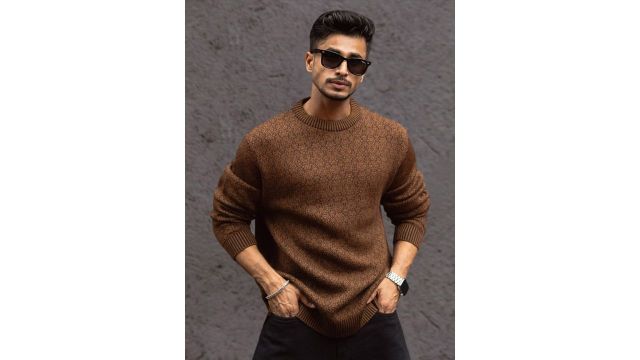 Powerlook Men Speckled Self‑Design Acrylic Pullover (Brown)