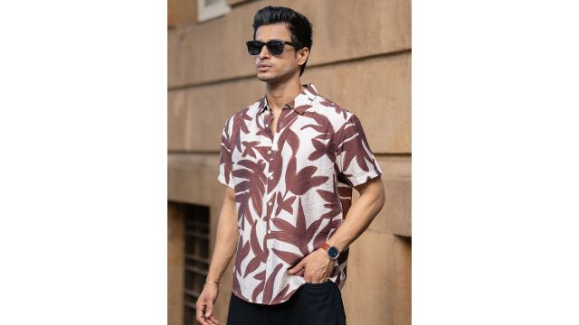Powerlook SS25 Leaf Printed Spread Collar Casual Shirt (Brown/White)