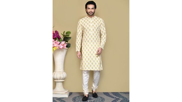 RANAK Floral Embroidered Pure Cotton Kurta with Pyjamas (Yellow)