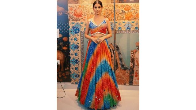 Rajni Collection Embroidered Mirror‑Work Ready‑to‑Wear Lehenga Set (Red/Blue)