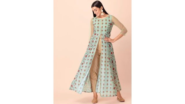 Rang by Indya Women Green & Red Ethnic Motifs Printed Kurta