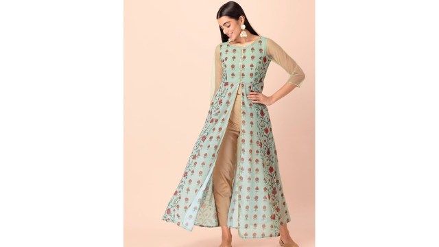 Rang by IndyaWomen Green & Red Ethnic Motifs Printed Georgette A-line Kurta