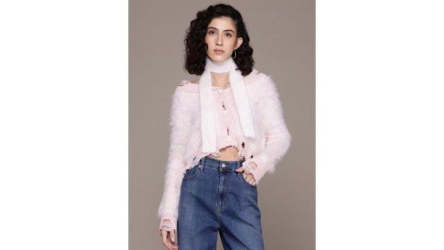 Roadster Bouclé Woollen Cardigan with Fuzzy Detail (Pink)