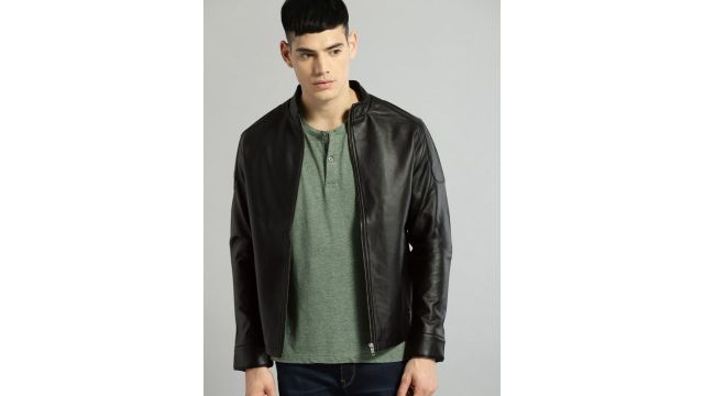 Roadster Men Black Solid Leather Jacket