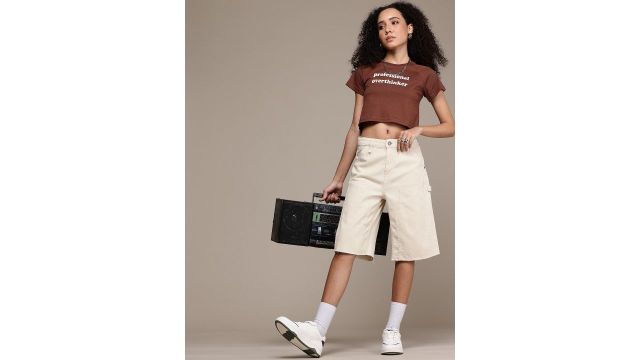 Roadster The Life Co. Pure Cotton High‑Rise Jorts (Beige)