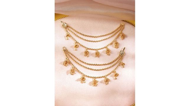 Rubans 22K Gold-Plated Triple‑Layer Ear Kan Chain with Ghungroo Jhumka Drops