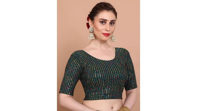 SALWAR STUDIO Embroidered Stretchable Blouse (Bottle Green, Lycra)