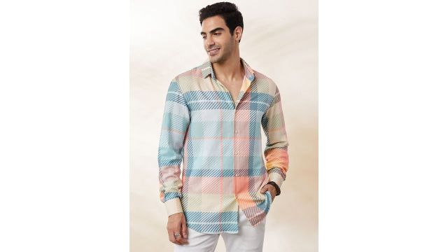 SEVENDC Men Geometric Printed Premium Opaque Casual Shirt (Blue & Pink, Long Sleeves)
