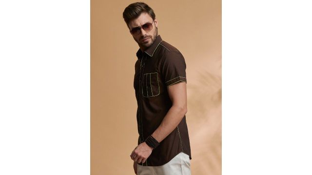 SEVENDC Men Premium Opaque Casual Shirt (Brown, Short Sleeves)