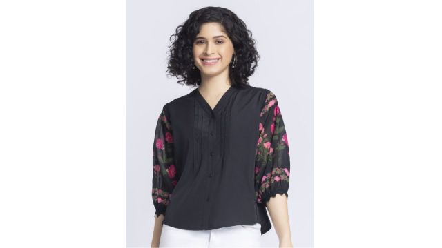 SHAYE Women V-Neck Puff Sleeves Floral Shirt Style Top