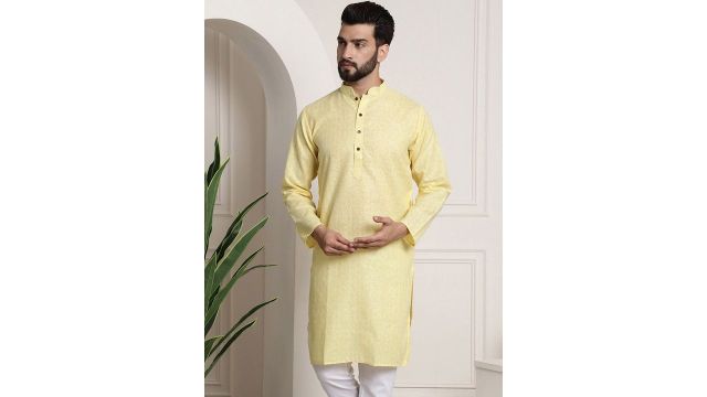 SOJANYA Men Yellow Dobby Self‑Checked Straight Kurta