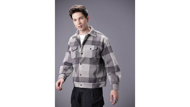 SOKO STREET Checked Relaxed Fit Shacket (Grey, Flannel-look Poly)