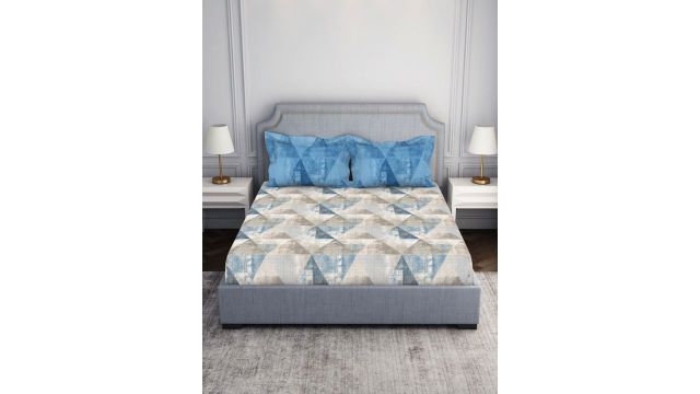 SPACESAtrium2024 Blue Geometric Pure Cotton 144 TC Fitted King Bedsheet with 2 Pillow Covers-88 x 100 inches
