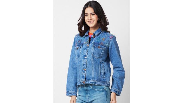 SPYKAR Washed Cotton Denim Jacket with Embroidered