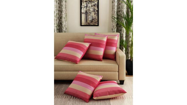 SWAYAM Pink & Cream-Coloured Set of 5 Striped Cushion Covers