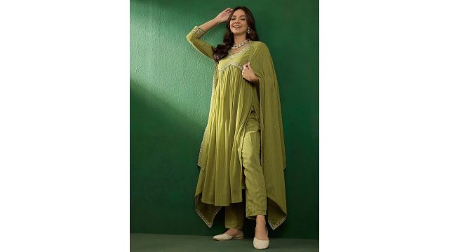 Sangria Alia‑Cut Embroidered Kurta with Trousers & Dupatta (Green, Georgette)