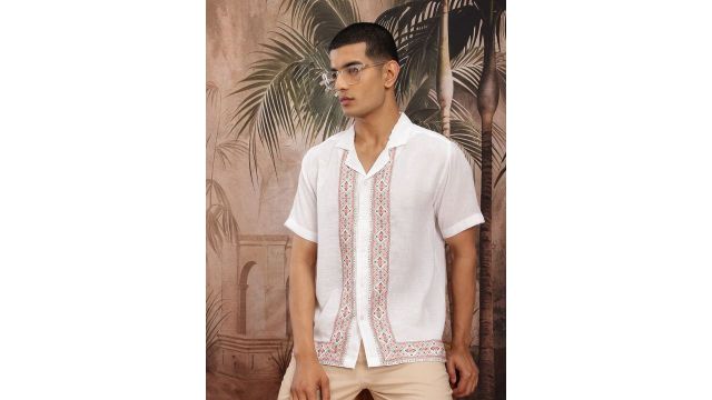 Sangria Cuban Collar Geometric Ethnic Shirt (White, Short Sleeve)