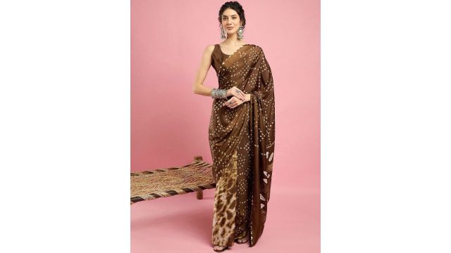 Sangria Ethnic Printed Bandhani Saree With Blouse Piece