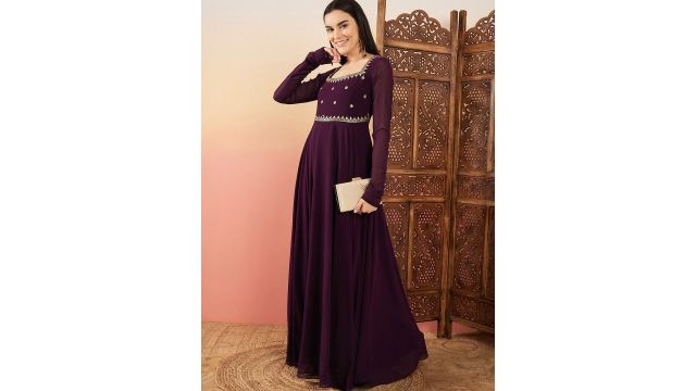 Sangria Floral Zari & Sequinned Embroidered Square Neck Georgette Ethnic Dress