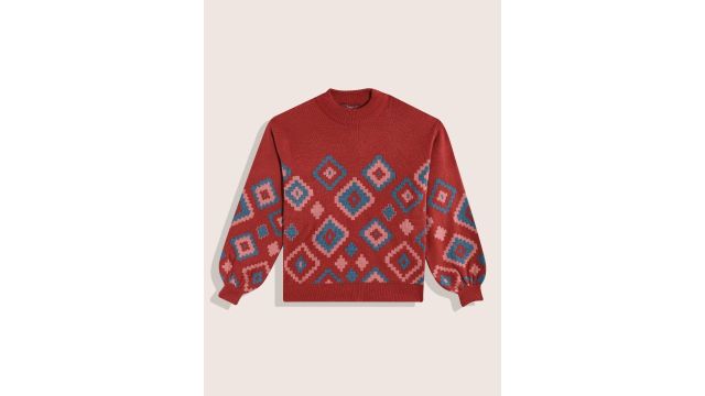 Sangria Girls Geometric Knitted Puff‑Sleeve Pullover (Maroon/Teal)