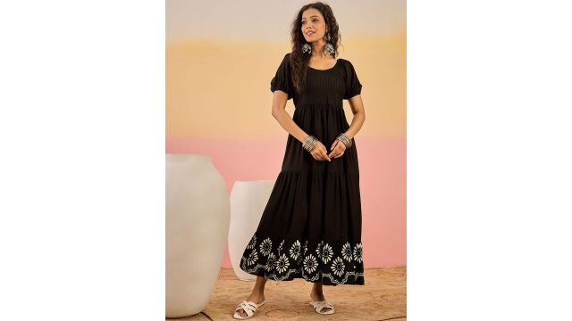 Sangria Printed Fit & Flare Maxi Tiered Dress