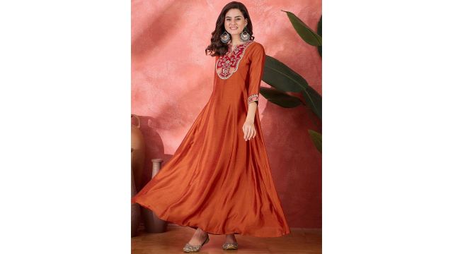 Sangria Zari Sequence Thread Cording Embroidered Flared Maxi Gown