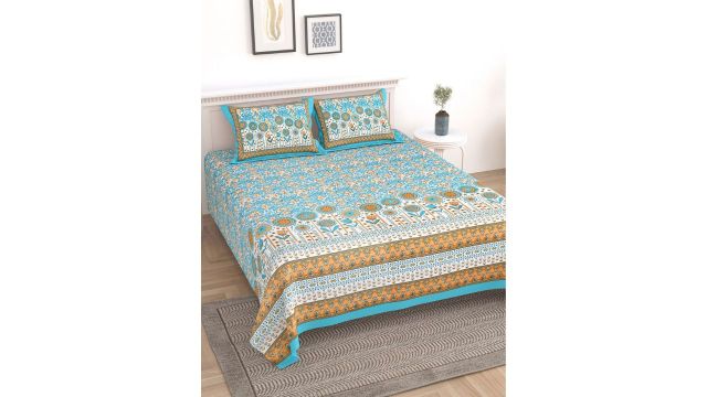 SangriaBlue Floral Cotton 210 TC Super King Fine Bedsheet with 2 Pillow Covers-87 x 93 inches