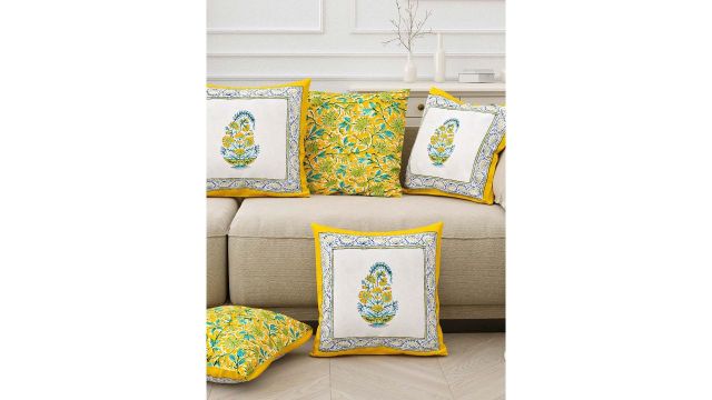 SangriaBlue & Yellow 5 Pieces Ethnic Motif-Printed Pure-Cotton Cushion Covers