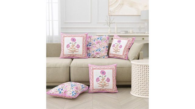 SangriaPurple & White 5 Pieces Printed Pure Cotton Square Cushion Covers