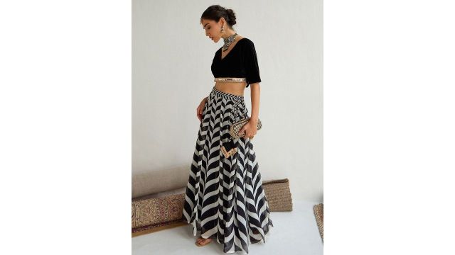 Shae by SASSAFRAS Embellished Sequinned Ready‑to‑Wear Lehenga (Black/White)